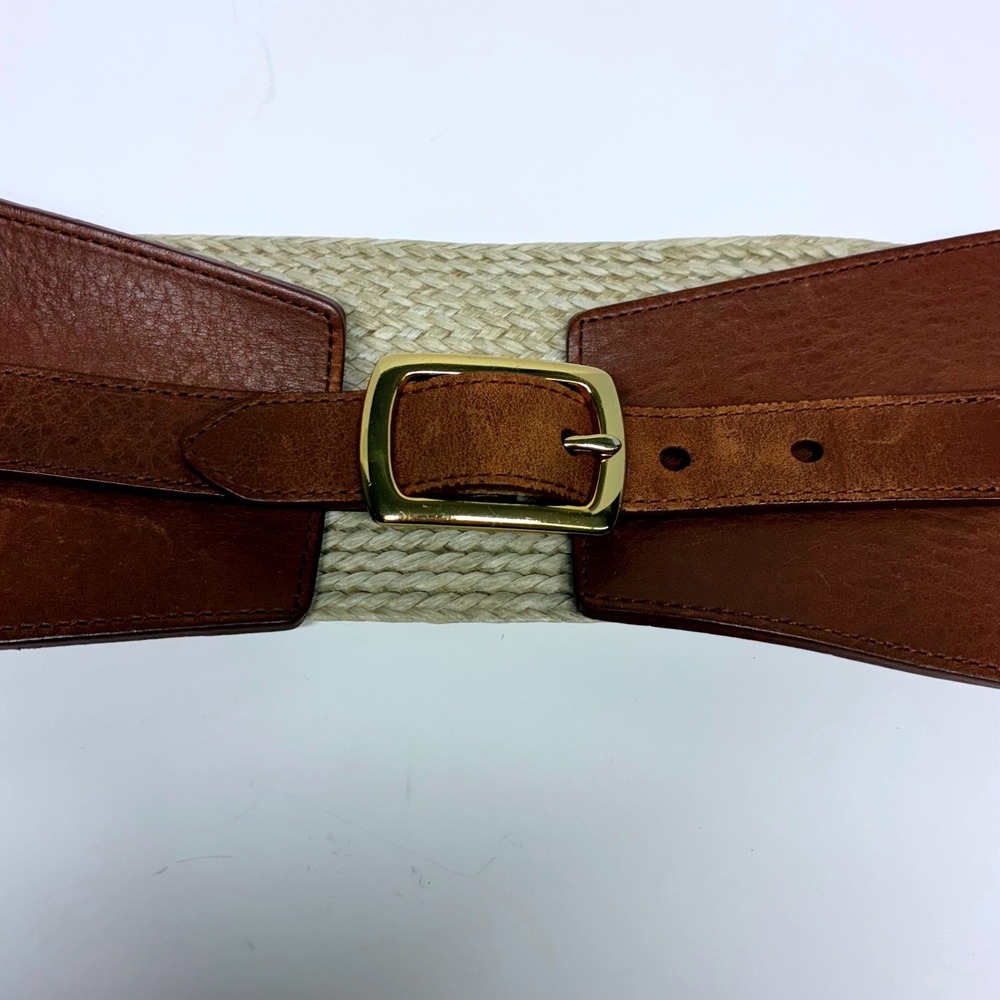 Antonio Melani Wide Waist Cincher Belt Womens M Brown Leather Woven Raffia Straw